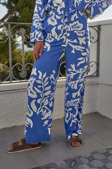Blue/White Print Tie Waist Wide Leg Trousers with Linen