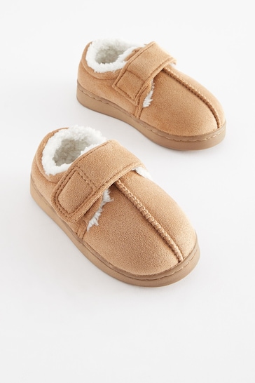 Tan Brown Warm Lined Touch Fastening Slippers
