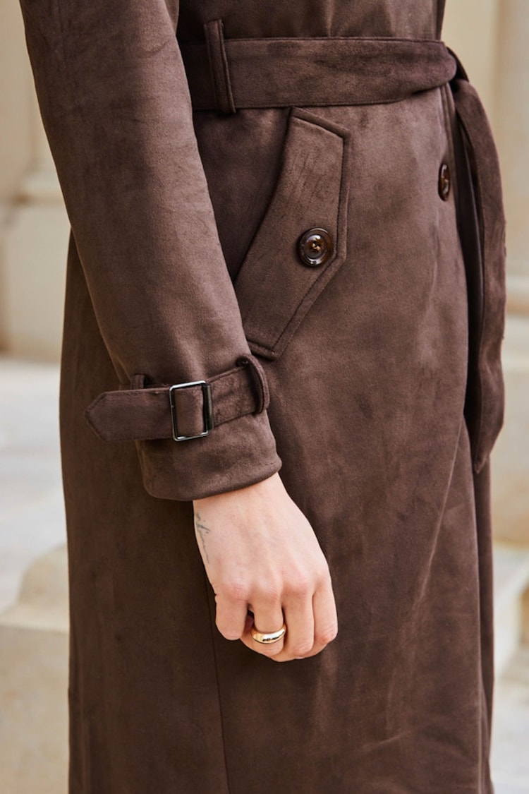 Sosandar Brown Faux Suede Trench Coat - Image 4 of 4