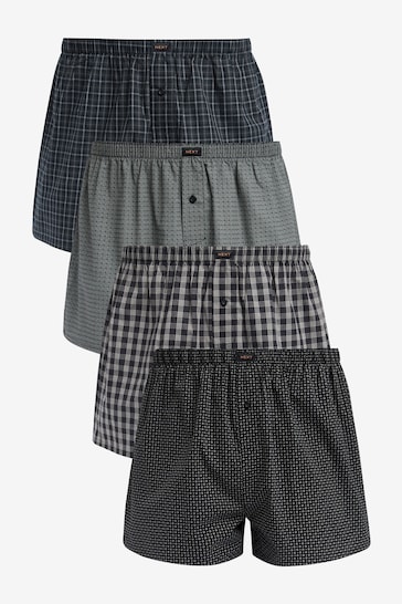 Black Check/Geo 4 pack Woven Pure Cotton Boxers