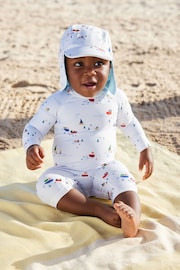 Pale Blue Boats Popper fastening Sunsafe Swimsuit & Hat 2 Piece Set (3mths-7yrs) - Image 1 of 10