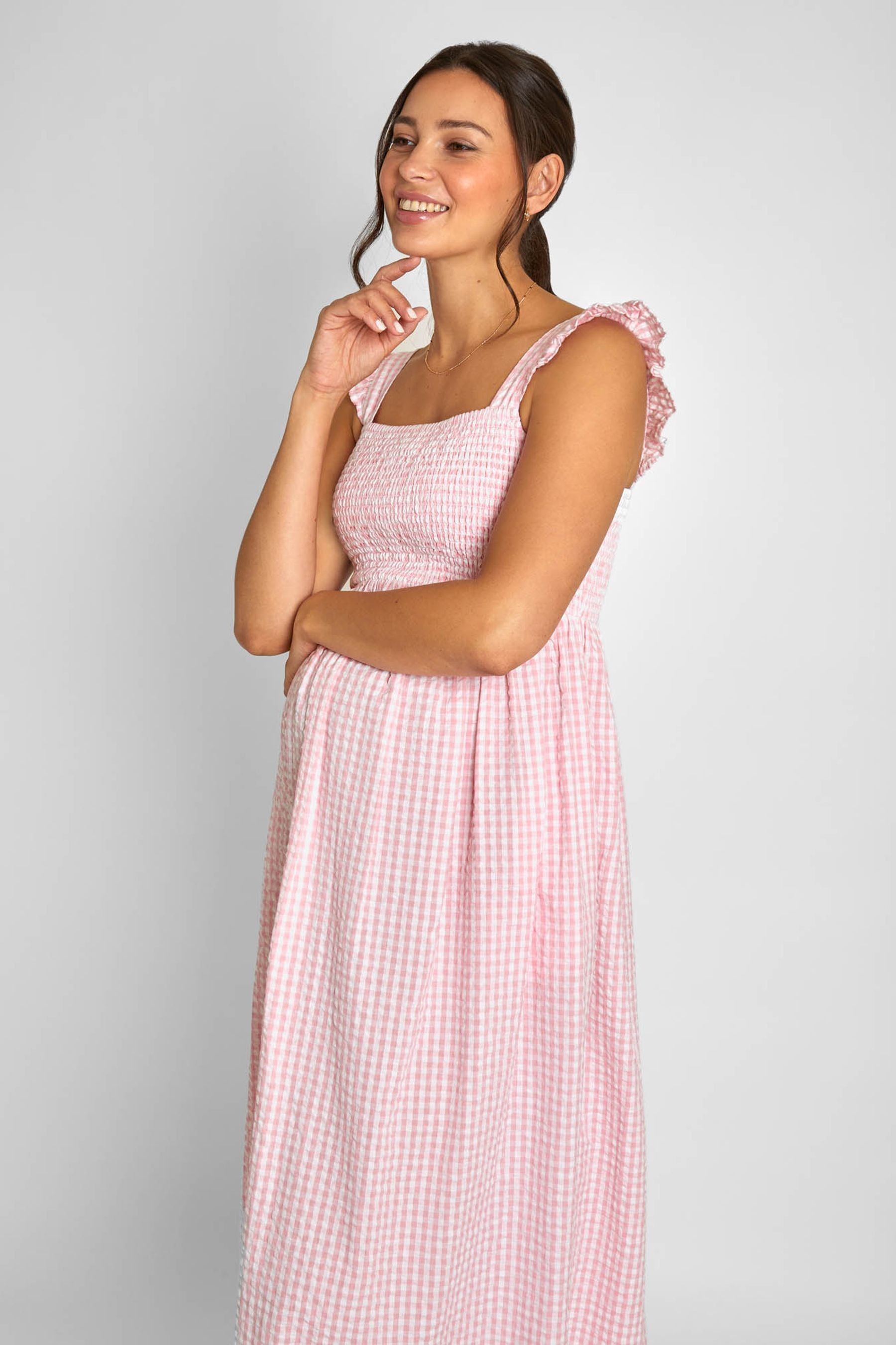Buy JoJo Maman Bebe Pink Gingham Shirred Maternity Midi Dress from Next Canada