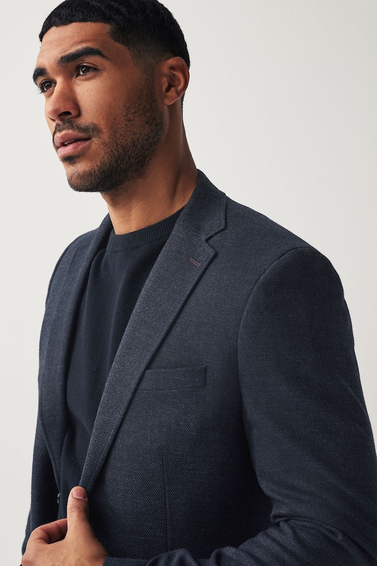 Navy Blue Slim Fit Textured Smart Blazer - Image 1 of 11