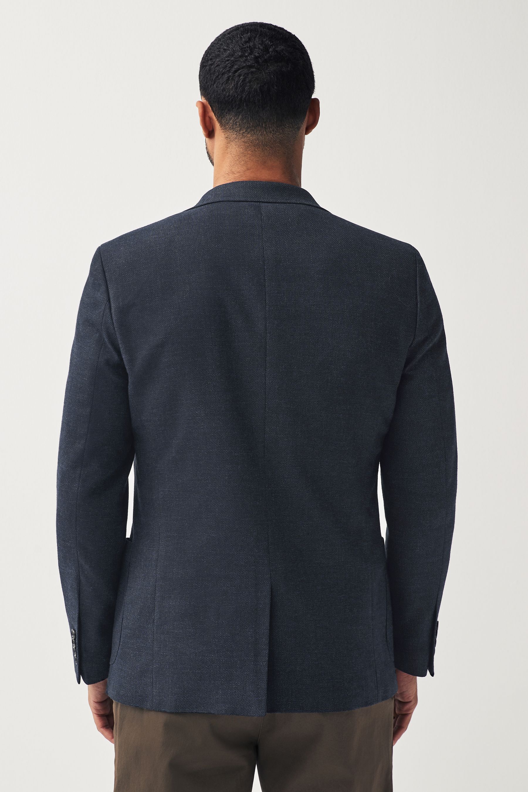Navy Blue Slim Fit Textured Smart Blazer