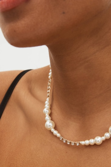 Gold Tone Diamanté And Pearl T-Bar Necklace