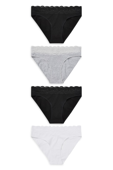 White/Black/Grey Bikini Cotton and Lace Knickers 4 Pack