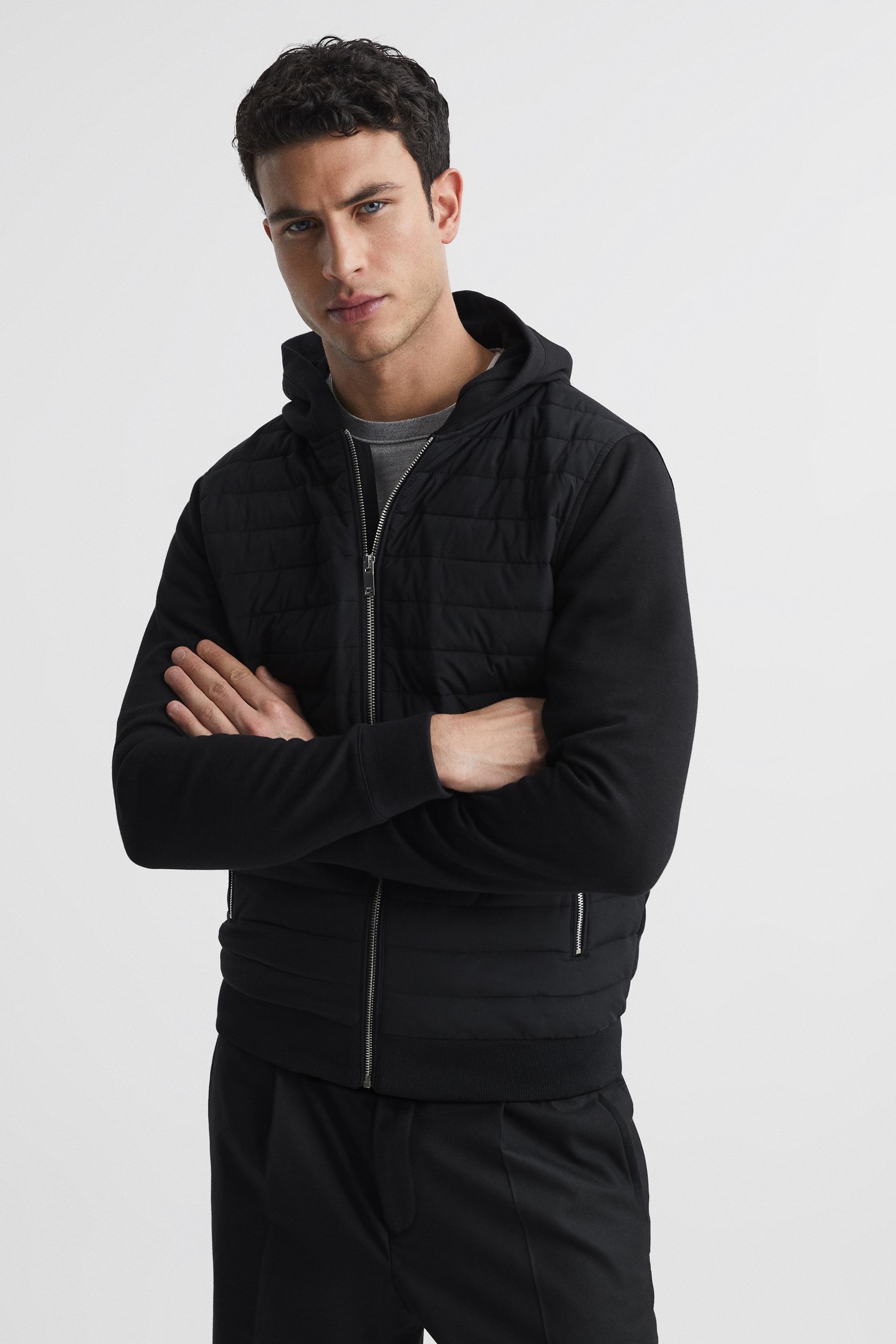 Buy Reiss Black Taylor Hybrid Zip Quilted Hooded Jacket from the Next UK online shop