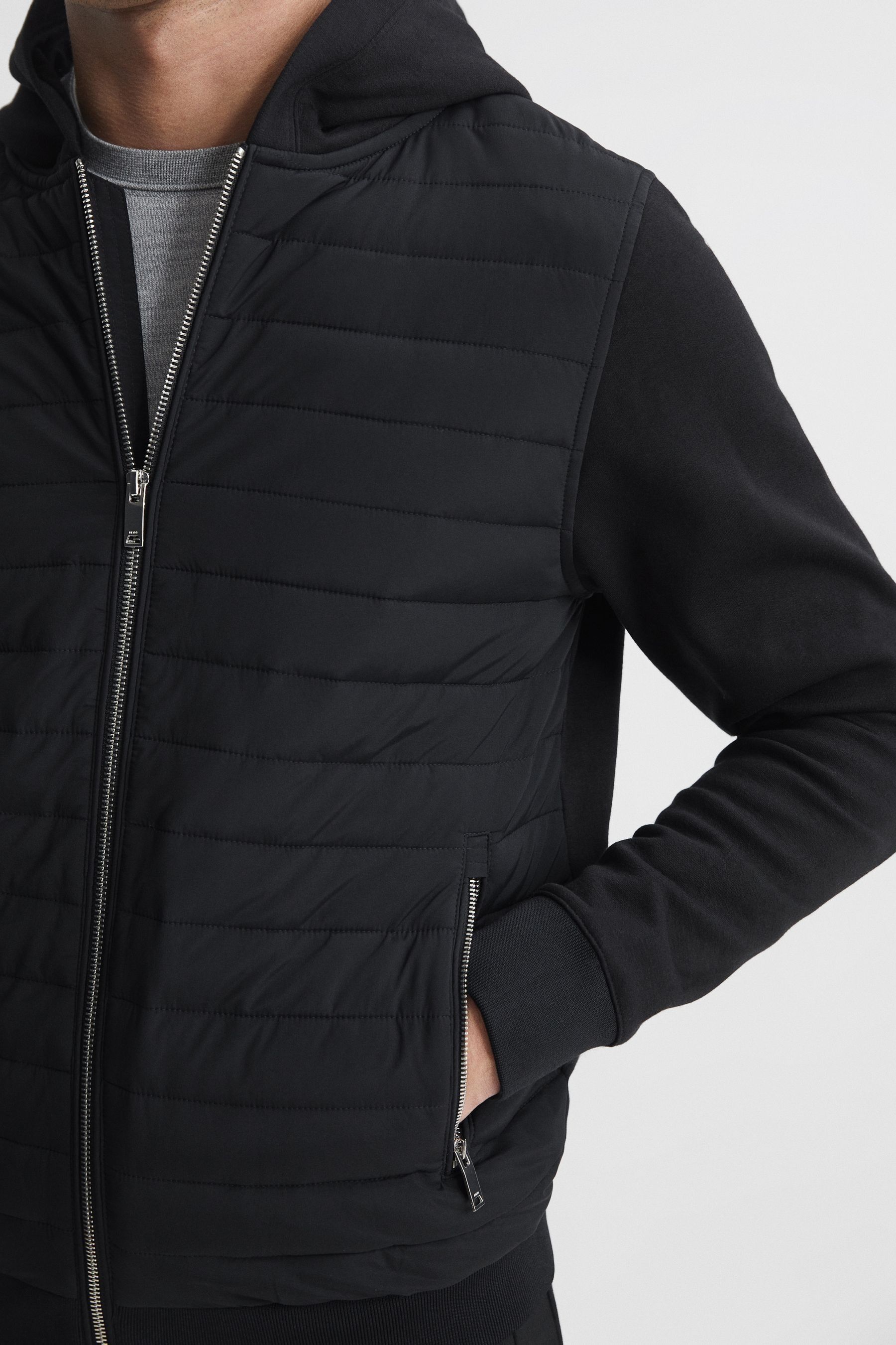 Buy Reiss Black Taylor Hybrid Zip Quilted Hooded Jacket from the Next UK online shop