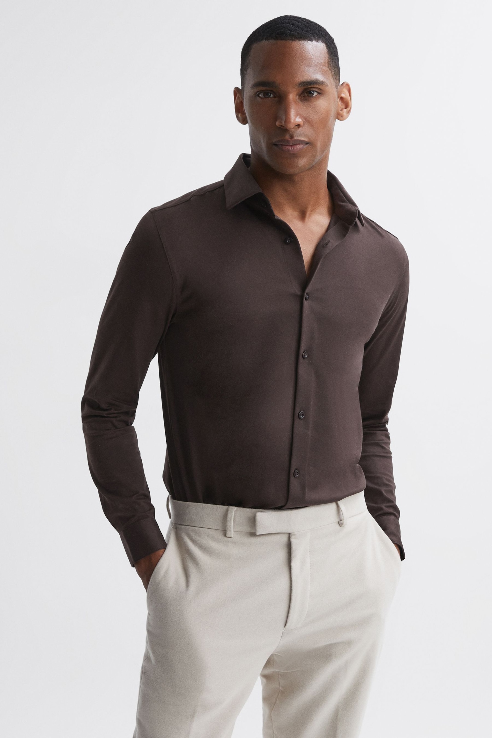 Reiss Chocolate King Mercerised Cotton Button-Through Shirt - Image 1 of 5