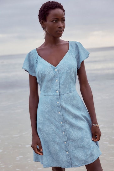 Blue Floral Print Denim TENCEL™ Mini Tea Dress