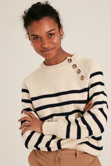 Joules Agnes Cream & Navy Striped Button Neck Jumper