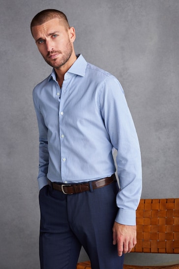 White/Navy Blue Stripe Regular Fit Single Cuff Signature Italian Fabric Shirt