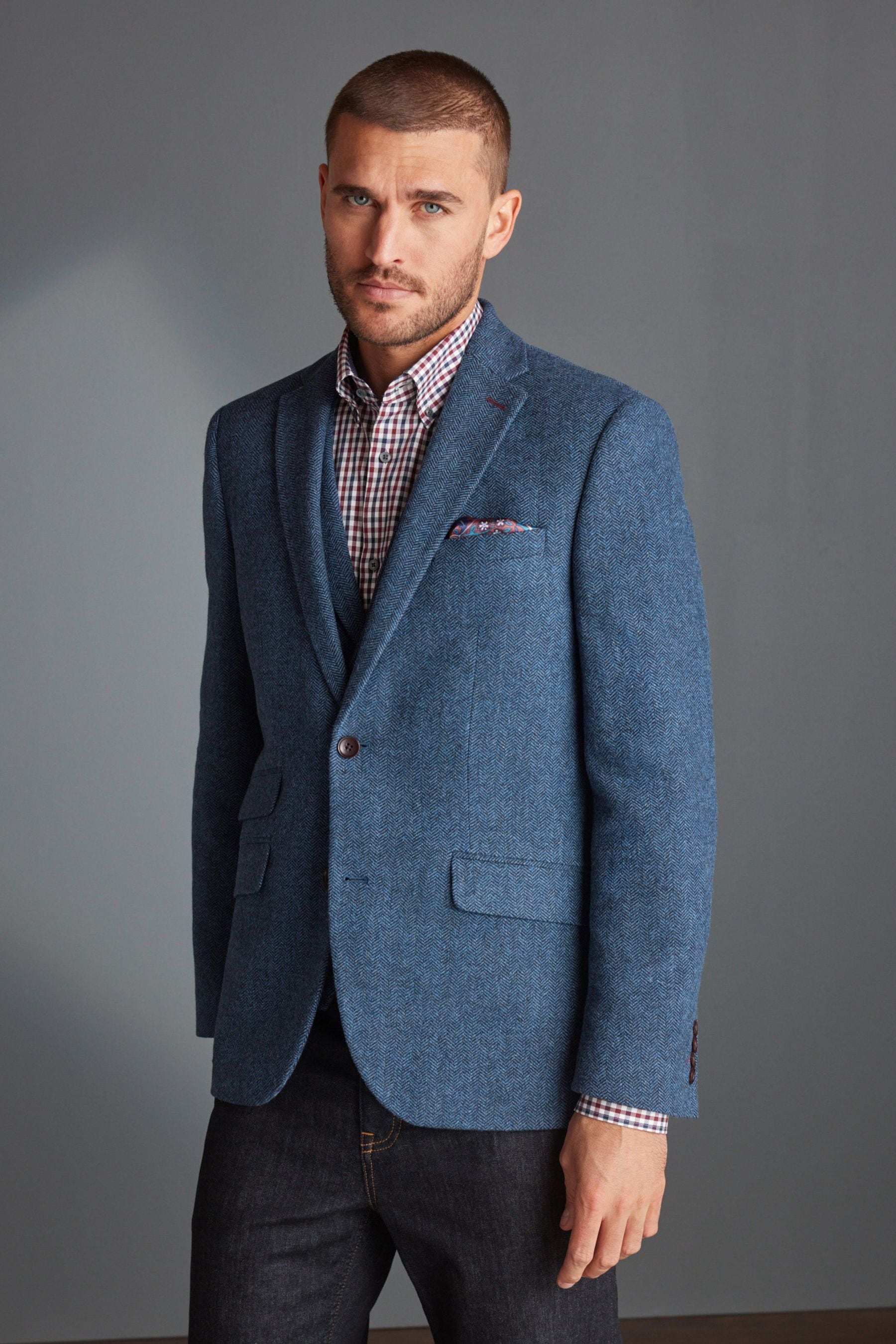 NEXT Blue Slim Fit Nova Fides Signature Herringbone Wool Blazer 36s Mens