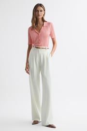 Reiss Pink Stella Fitted Striped Button Through T-Shirt - Image 1 of 5