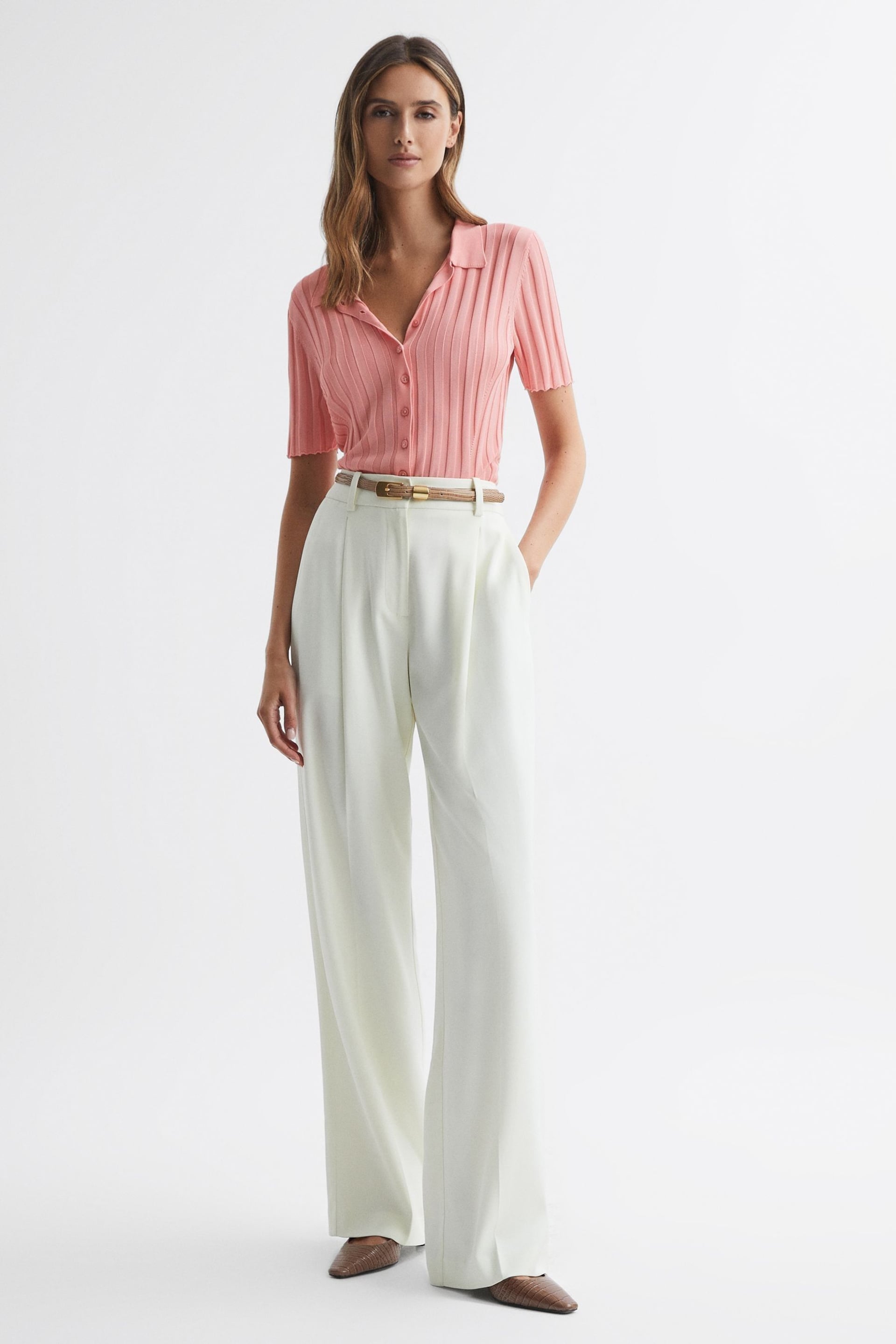 Reiss Pink Stella Fitted Striped Button Through T-Shirt - Image 1 of 5