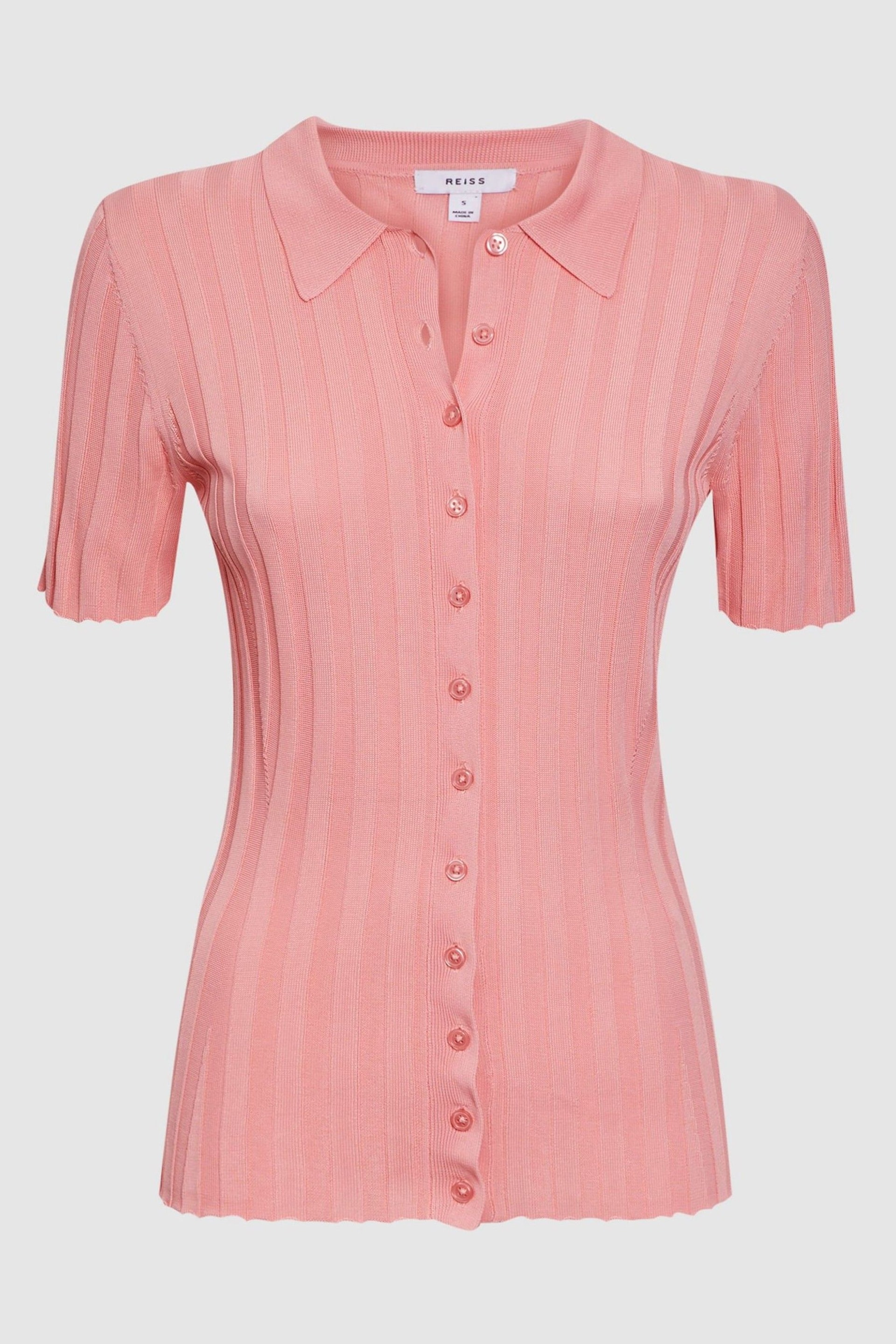 Reiss Pink Stella Fitted Striped Button Through T-Shirt - Image 2 of 5