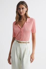 Reiss Pink Stella Fitted Striped Button Through T-Shirt - Image 3 of 5