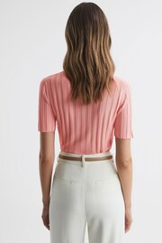 Reiss Pink Stella Fitted Striped Button Through T-Shirt - Image 4 of 5