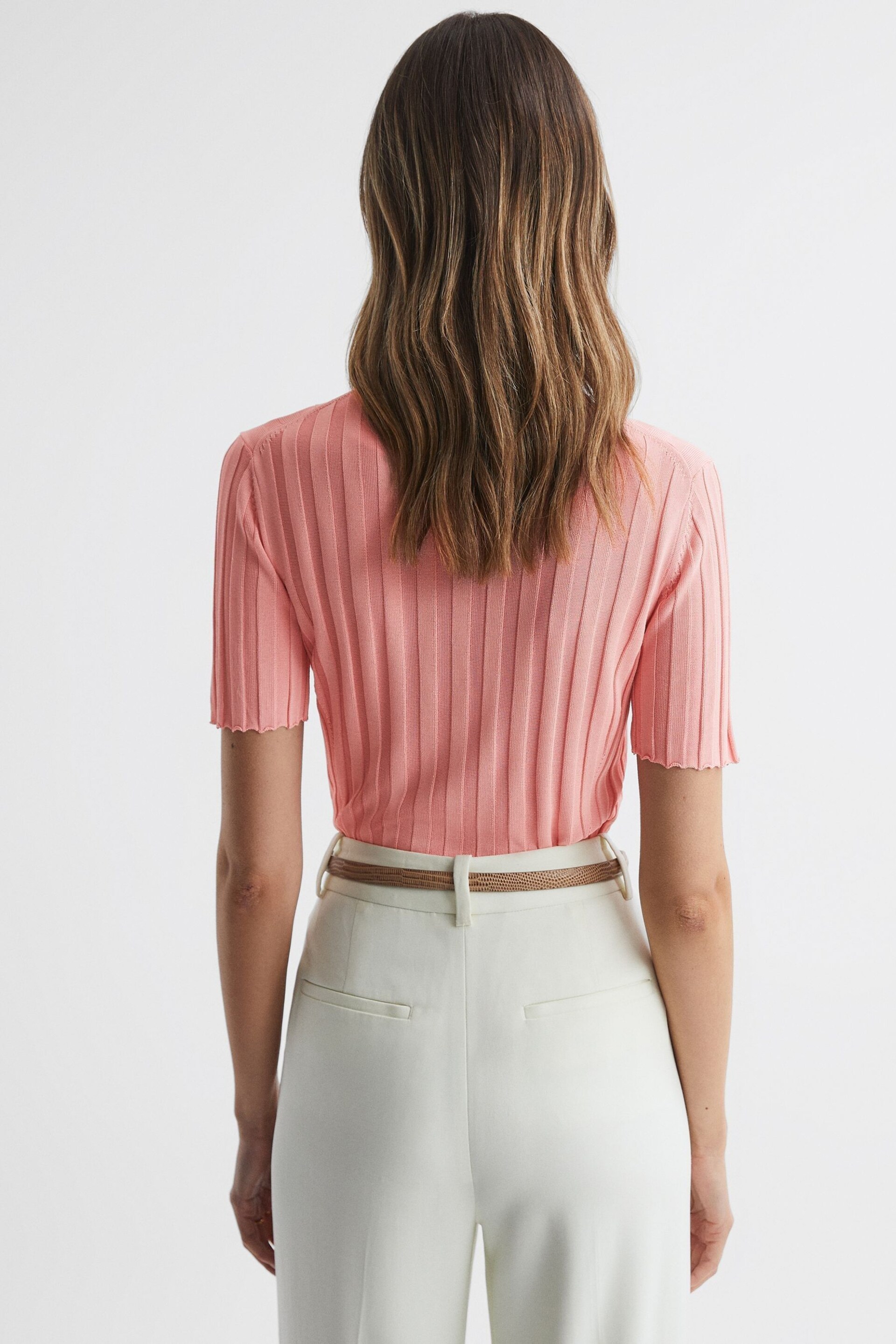 Reiss Pink Stella Fitted Striped Button Through T-Shirt - Image 4 of 5