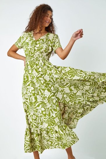 Roman Green Floral Print Button Detail Maxi Dress