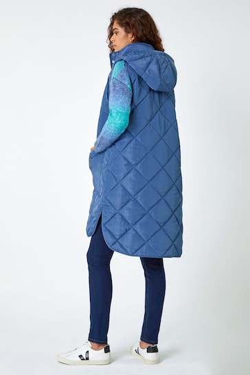 Roman Blue Quilted Longline Hooded Gilet