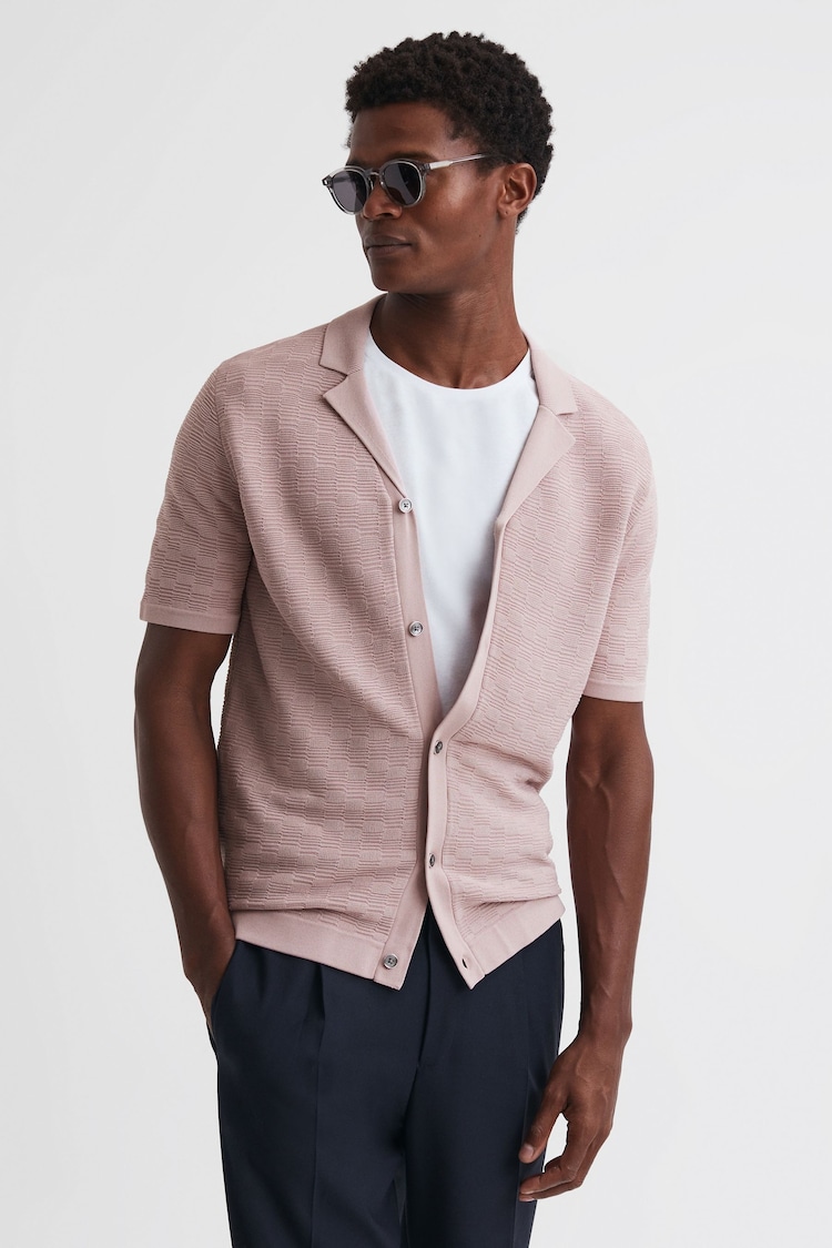 Reiss Dusty Pink Lunar Textured Cuban Collar Button-Through Shirt - Image 1 of 4