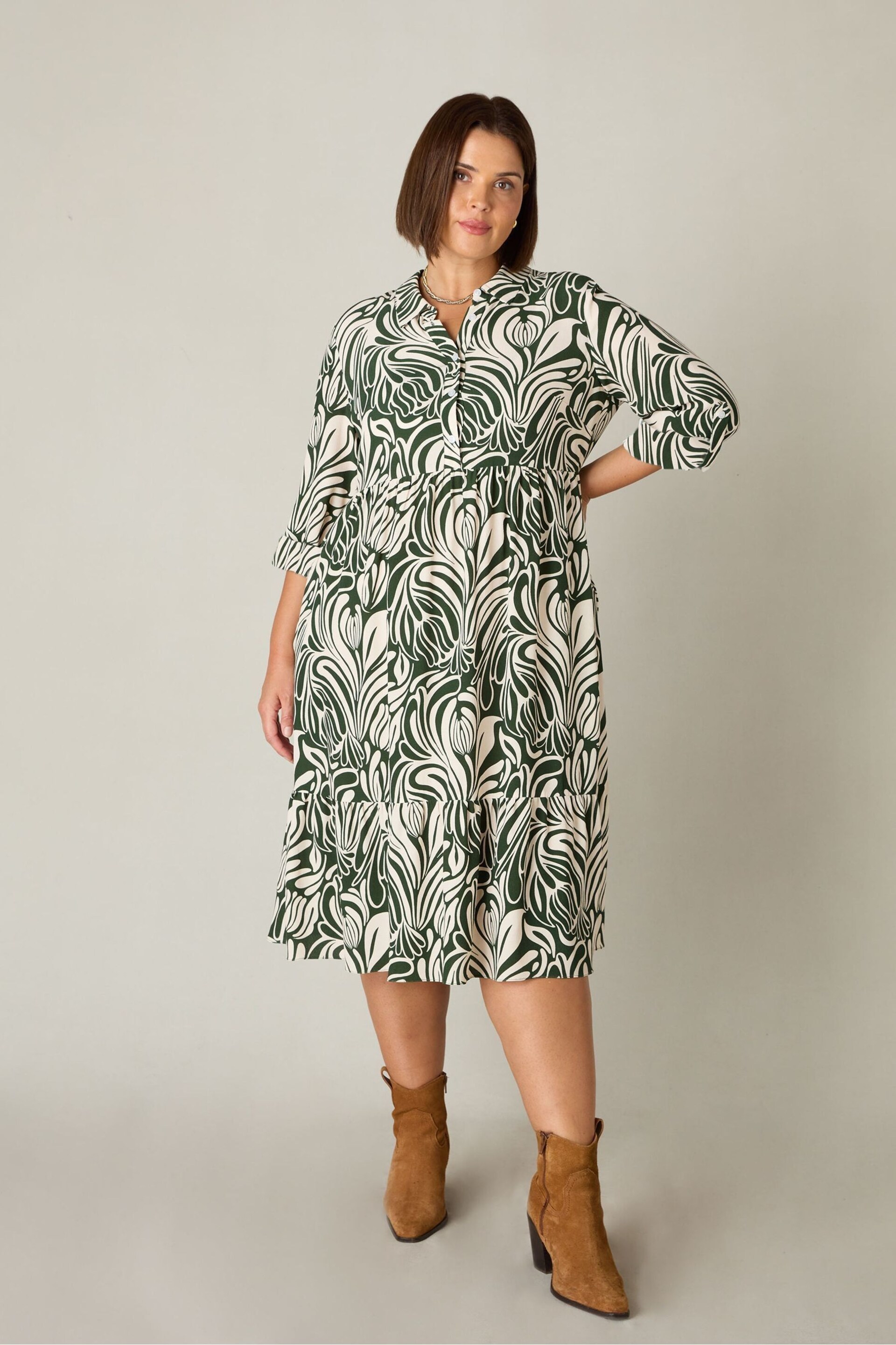 Live Unlimited Curve Green Abstract Print Button Through Shirt Dress - Image 1 of 4