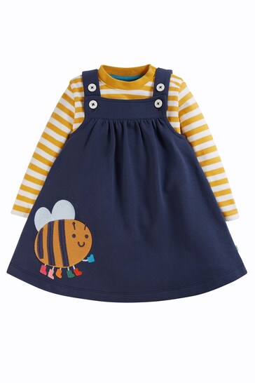 Frugi Bee Applique Blue Pinafore Outfit