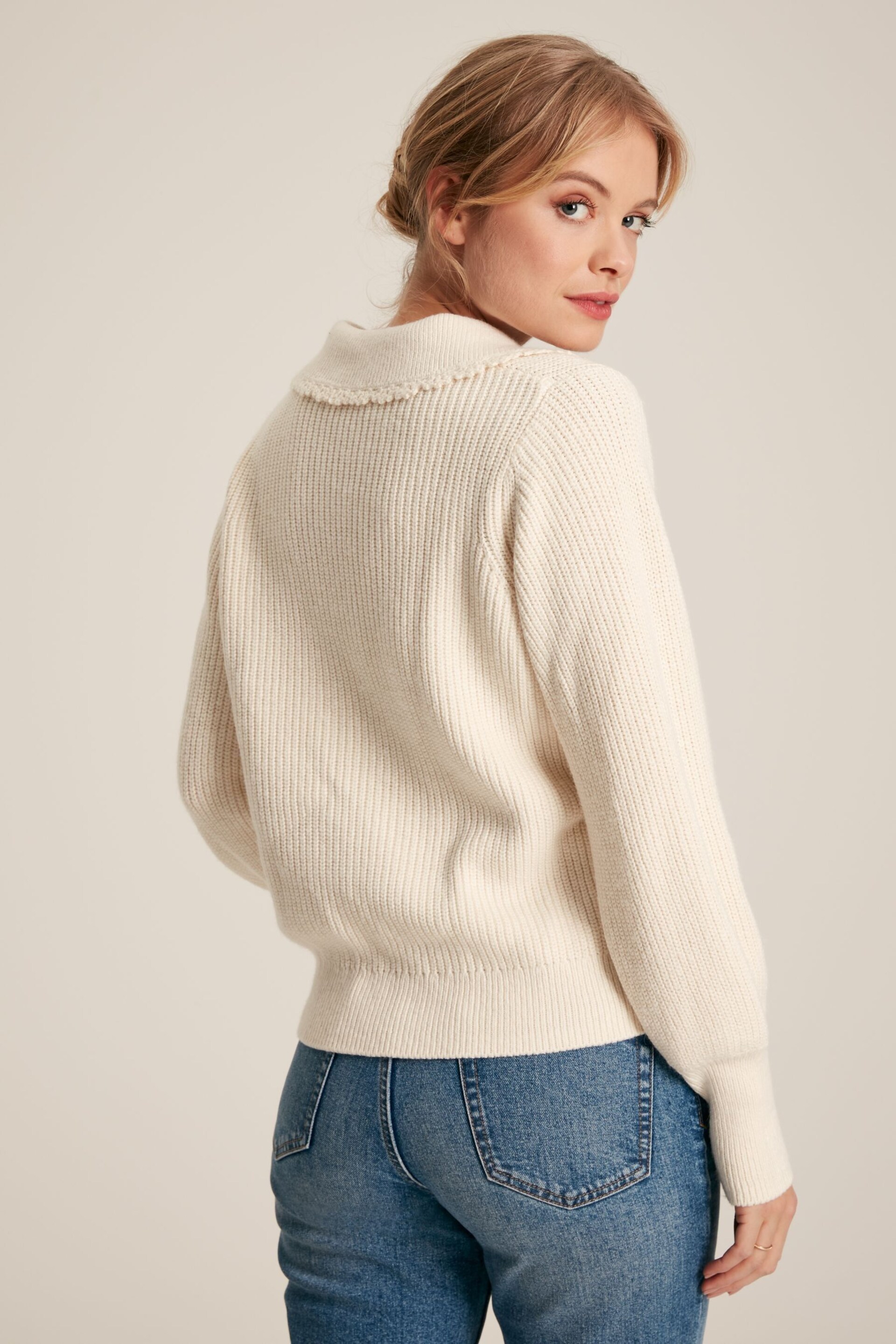 Joules Evangeline Cream Rib Knit Jumper With Crochet Collar - Image 2 of 7