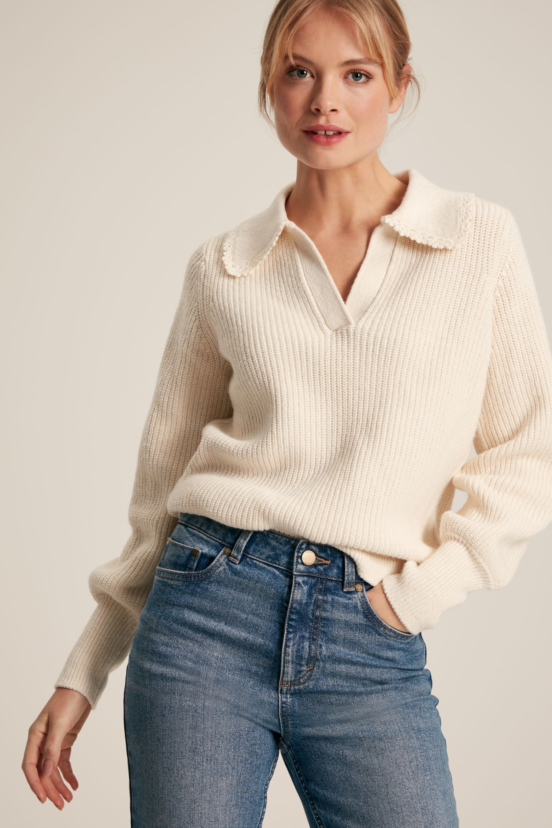 Joules Evangeline Cream Rib Knit Jumper With Crochet Collar - Image 4 of 7