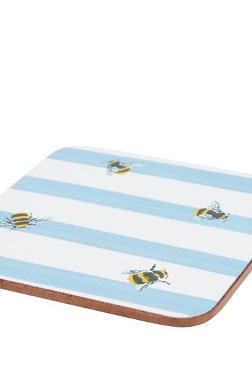 Joules Set of 4 Blue Corkback Bee Striped Coasters