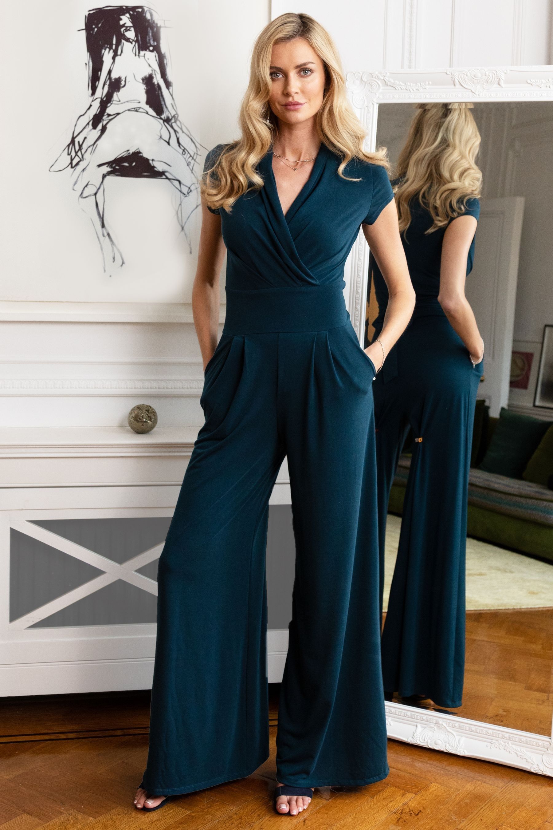 Buy HotSquash Teal Blue Cap Sleeved Wide Leg Jumpsuit from the