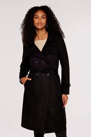 Apricot Black Faux Suede Double Breasted Trench Coat - Image 1 of 5