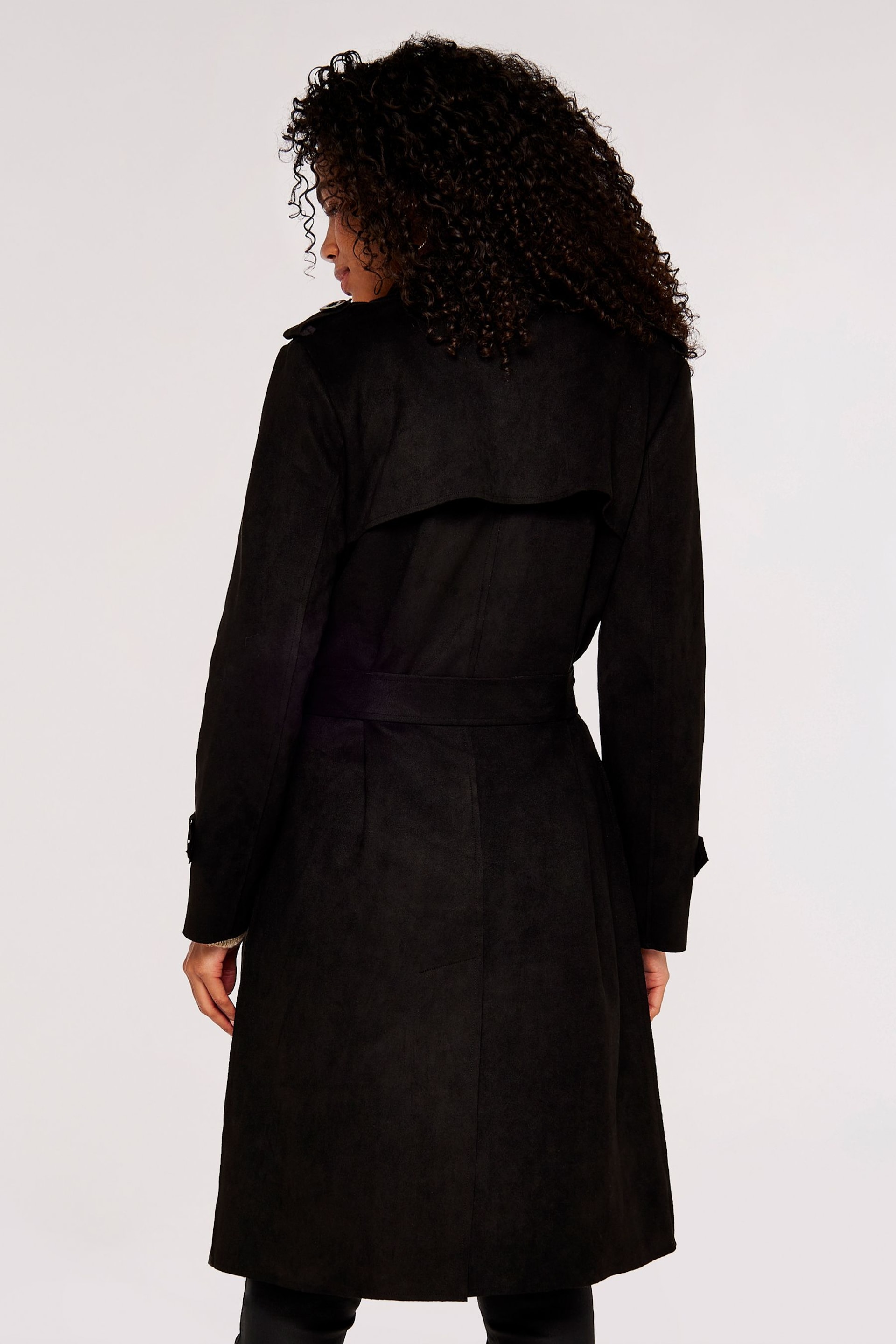 Apricot Black Faux Suede Double Breasted Trench Coat - Image 2 of 5
