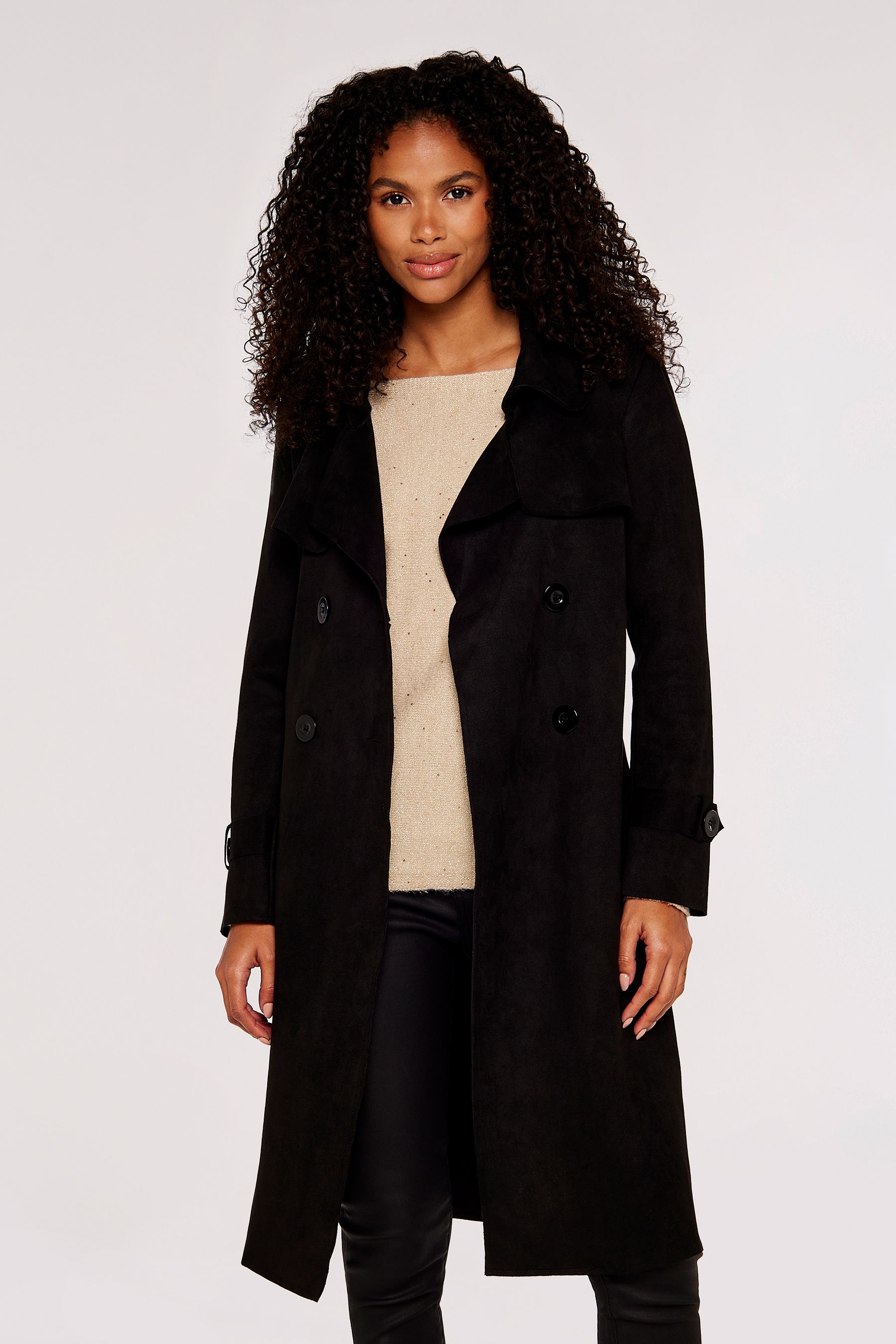 Buy Apricot Black Faux Suede Double Breasted Trench Coat from the