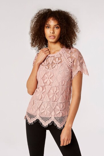 Apricot Pink Guipure Scallop Lace Top
