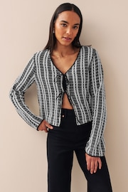 Black/Ecru Stripe Crochet Knit Tie Detail Textured Cardigan - Image 1 of 6