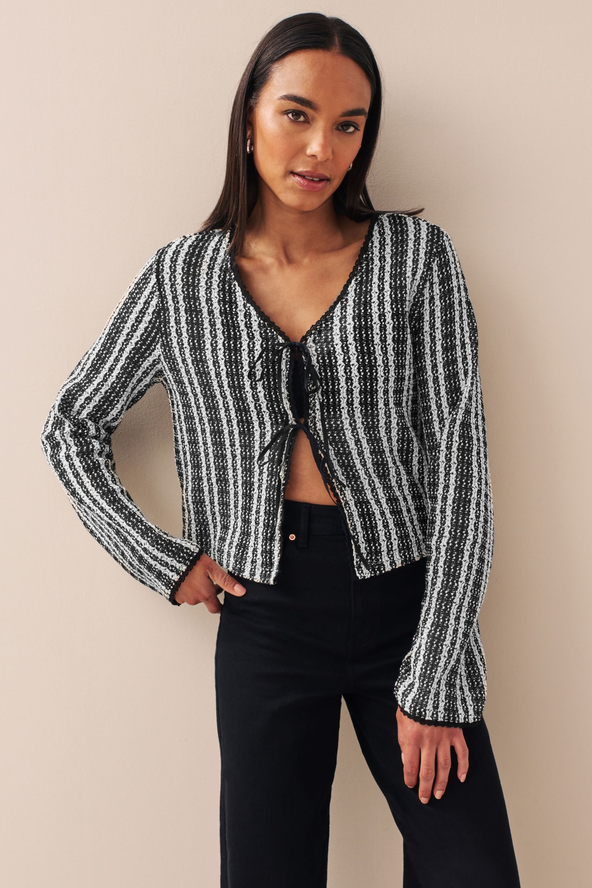 Black/Ecru Stripe Crochet Knit Tie Detail Textured Cardigan - Image 1 of 6