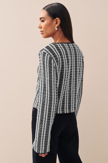 Black/Ecru Stripe Crochet Tie Detail Cardigan