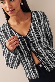 Black/Ecru Stripe Crochet Knit Tie Detail Textured Cardigan - Image 3 of 6