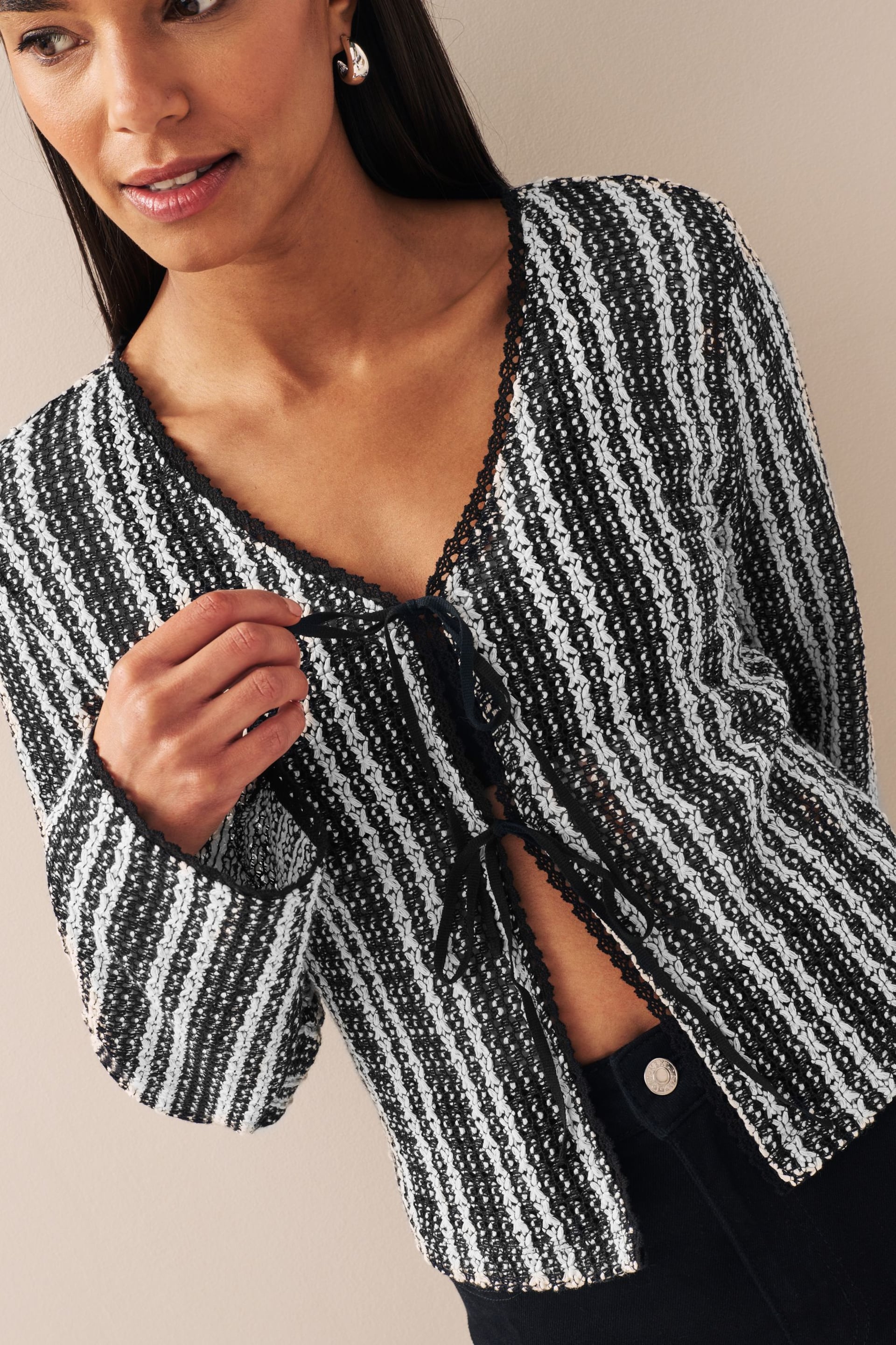 Black/Ecru Stripe Crochet Knit Tie Detail Textured Cardigan - Image 3 of 6
