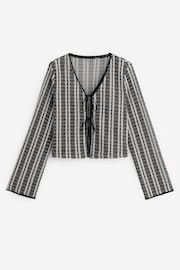 Black/Ecru Stripe Crochet Knit Tie Detail Textured Cardigan - Image 4 of 6