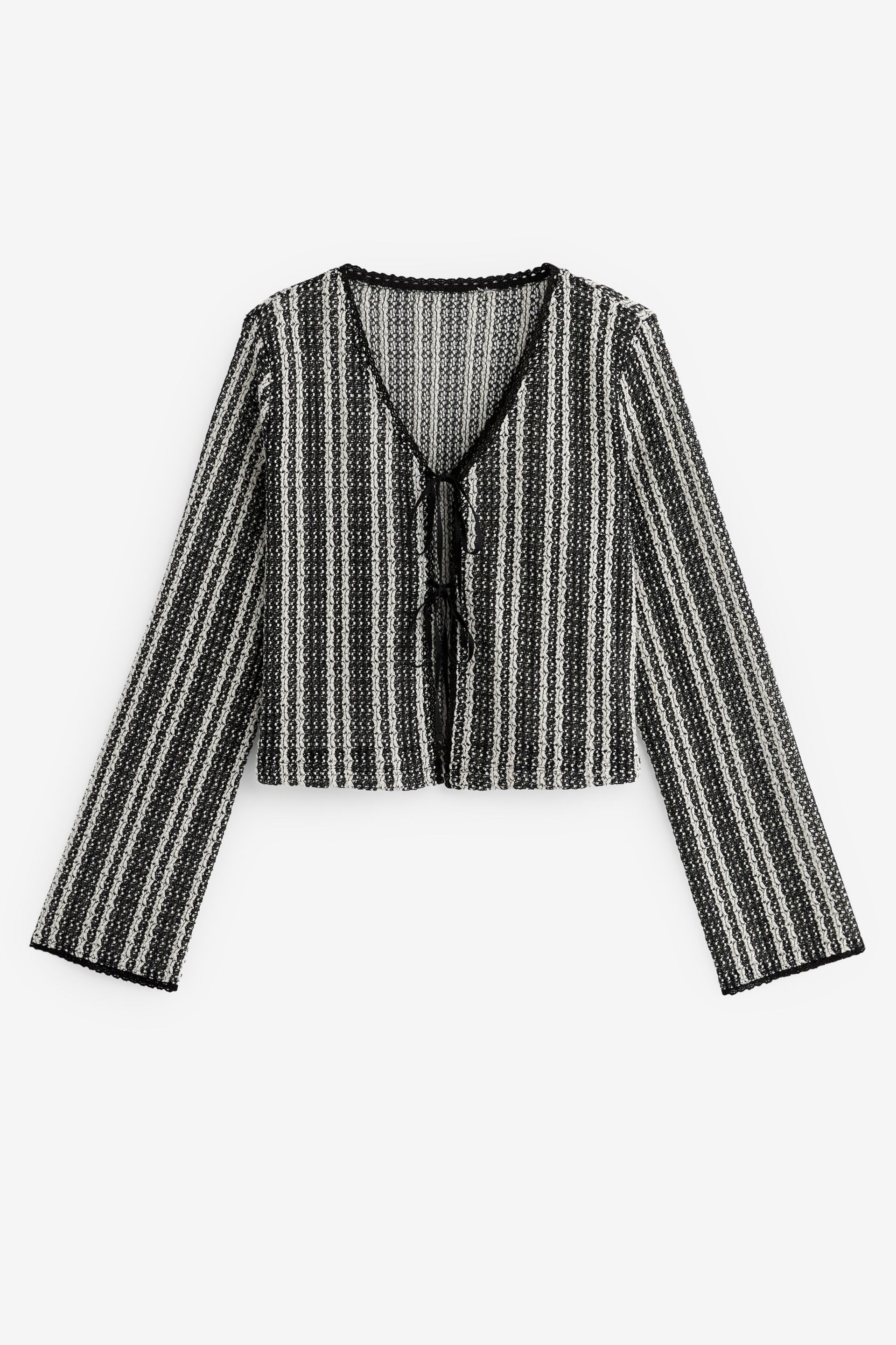 Black/Ecru Stripe Crochet Knit Tie Detail Textured Cardigan - Image 4 of 6