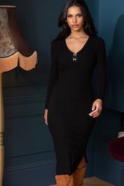 Pour Moi Black Layla Rib Knit V-Neck Bodycon Midi Dress - Image 1 of 5