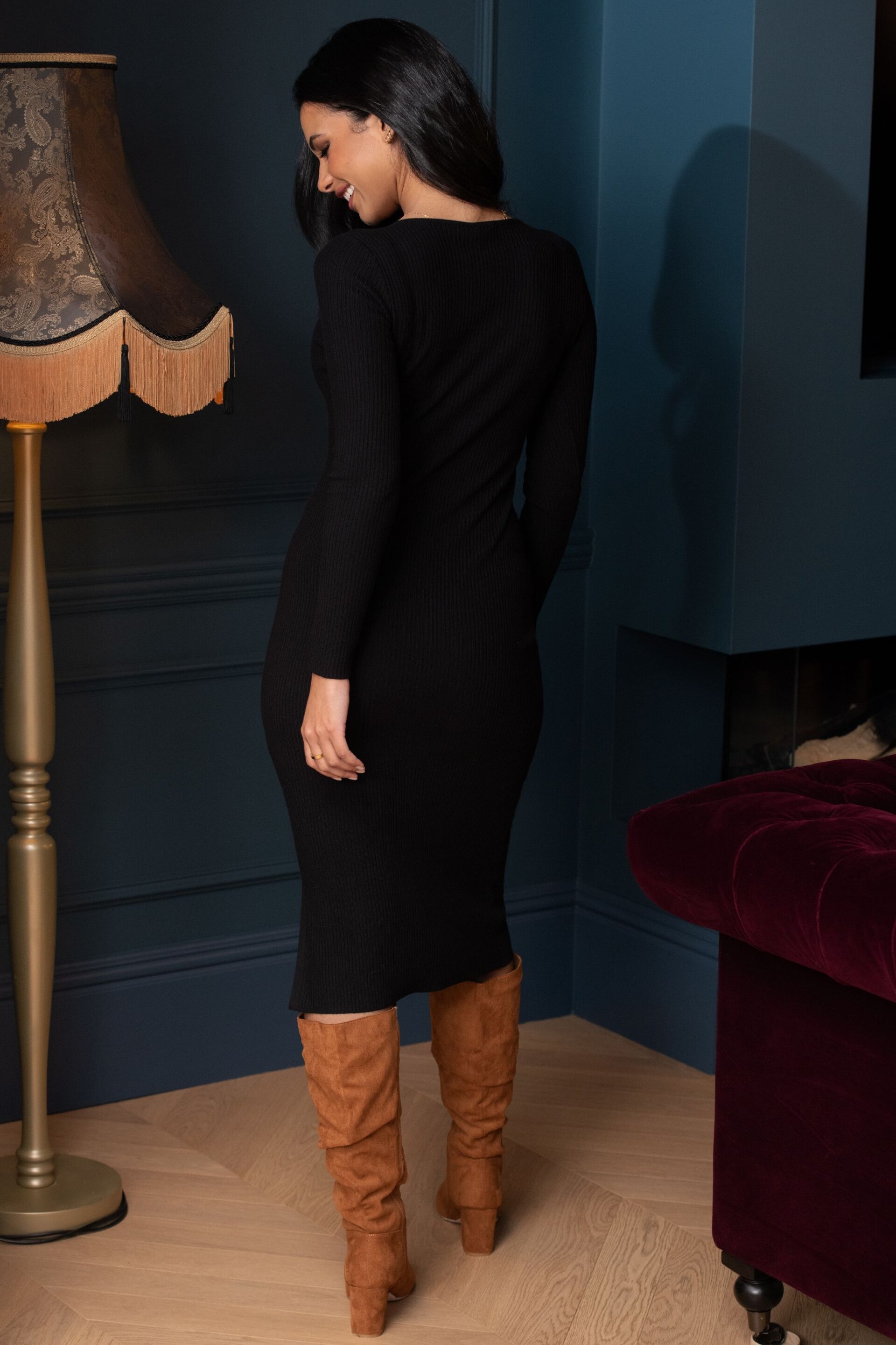 Pour Moi Black Layla Rib Knit V-Neck Bodycon Midi Dress - Image 2 of 5