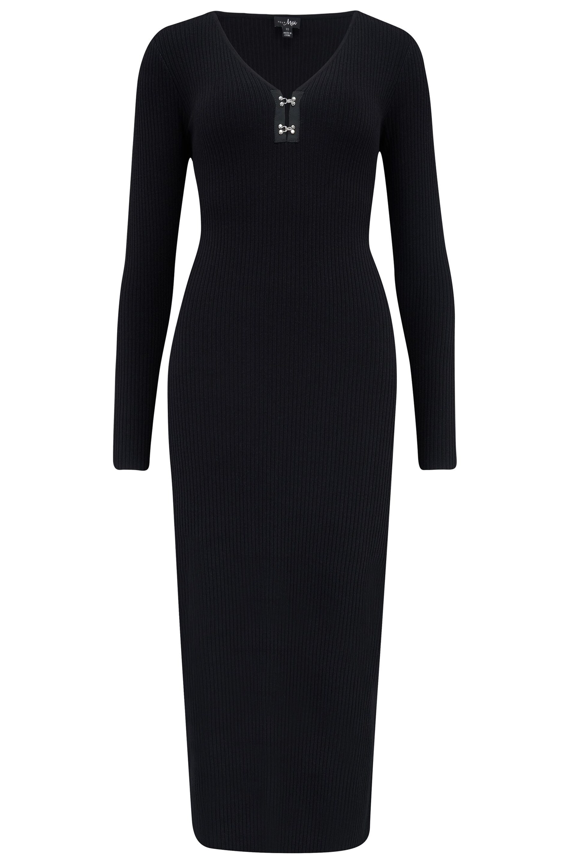 Pour Moi Black Layla Rib Knit V-Neck Bodycon Midi Dress - Image 4 of 5