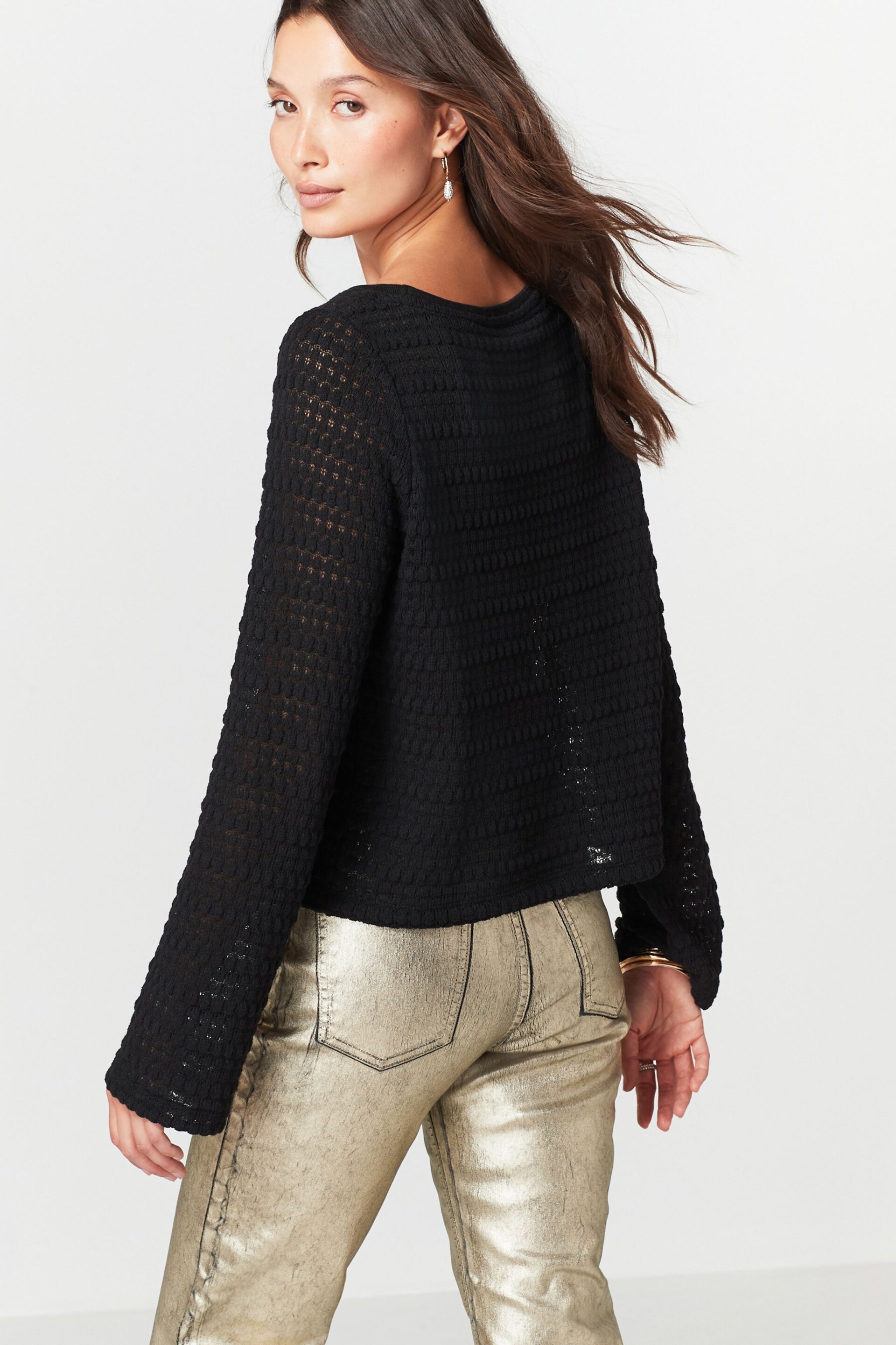 Black Crochet Texture Flute Long Sleeve Jumper Top - Image 3 of 6