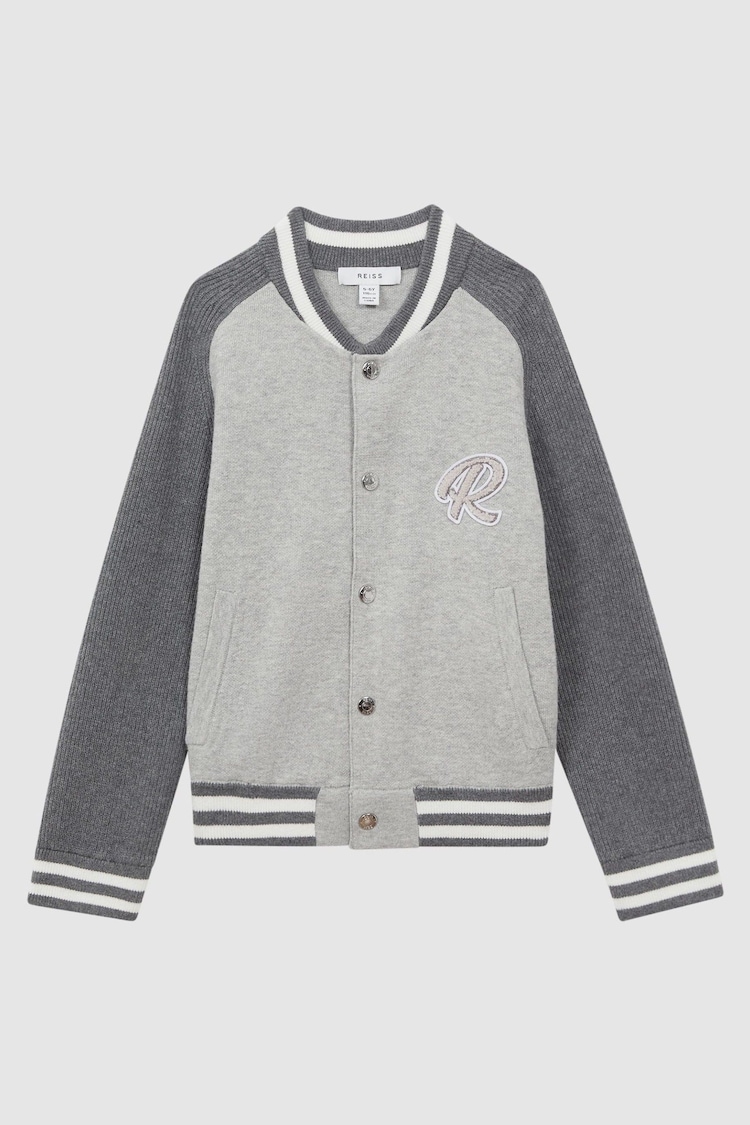 Reiss Soft Grey Belsize Senior Cotton Blend Varsity Bomber Jacket - Image 2 of 6