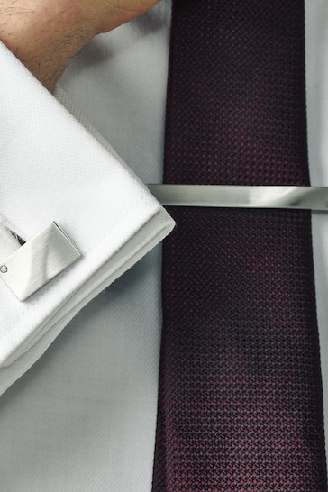 Silver Tone Diamante Cufflink And Tie Clip Set