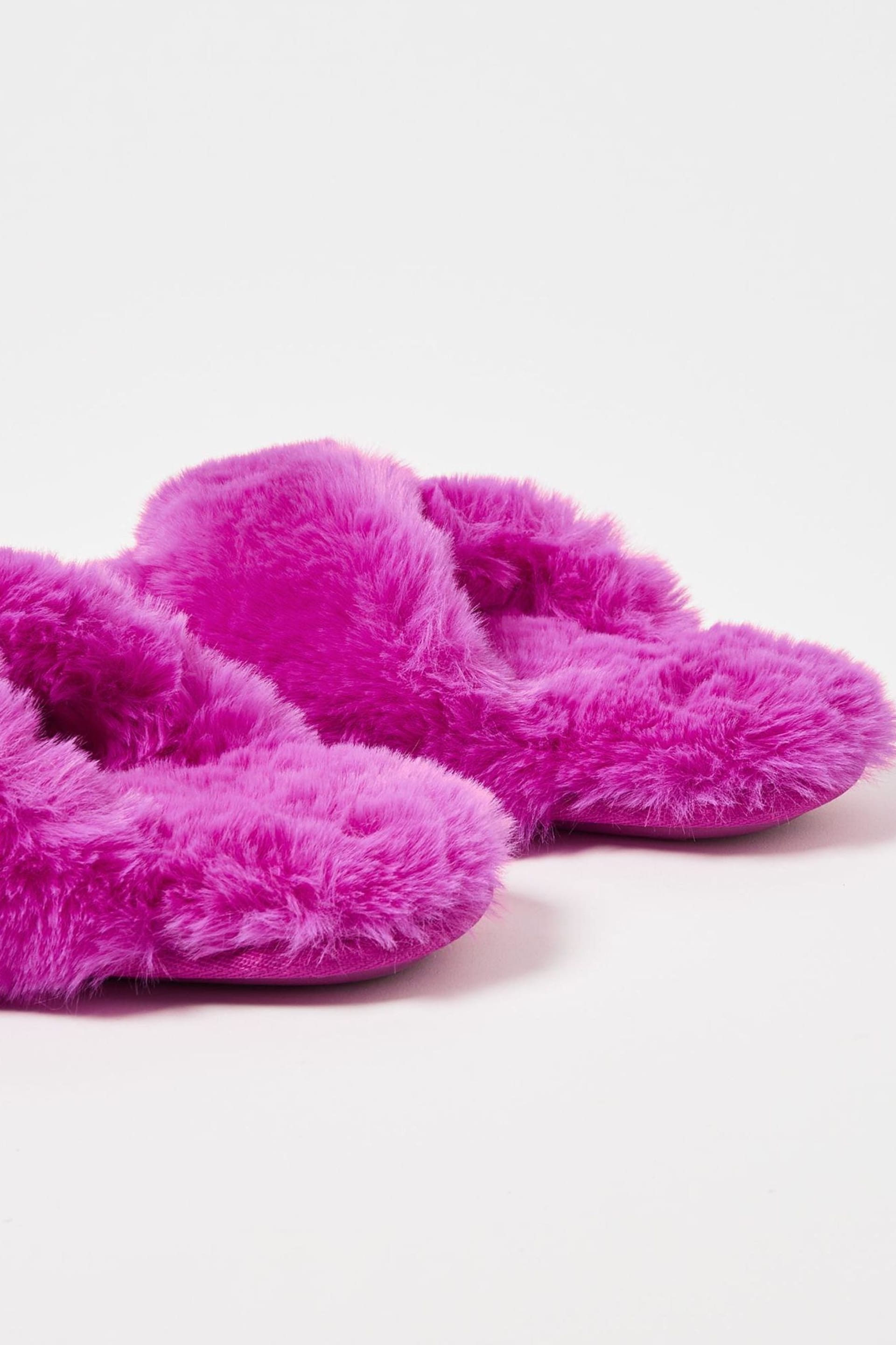 Oliver Bonas Fuchsia Pink Faux Fur Cross-Over Slippers - Image 5 of 5